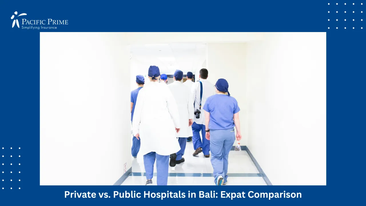 Image of Doctors Walking Together Along A Hospital Corridor with text overlay of "Private vs. Public Hospitals in Bali: Expat Comparison"