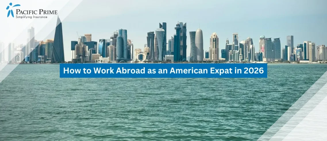 Image of Doha Skyline Viewed Across The Water In Qatar During Daytime with text overlay of "How to Work Abroad as an American Expat in 2026"