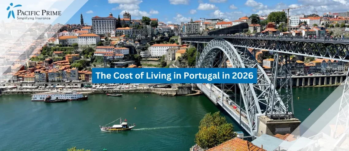 Image of DOM Luís I Bridge Spanning Porto’s Colourful Riverside District with text overlay of "The Cost of Living in Portugal in 2026"