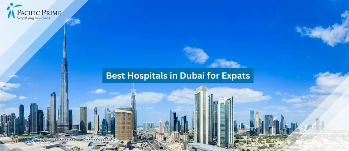 Image of Downtown Dubai Skyline Dominated By Burj Khalifa Rising Above Clustered Towers with text overlay of "Best Hospitals in Dubai for Expats"