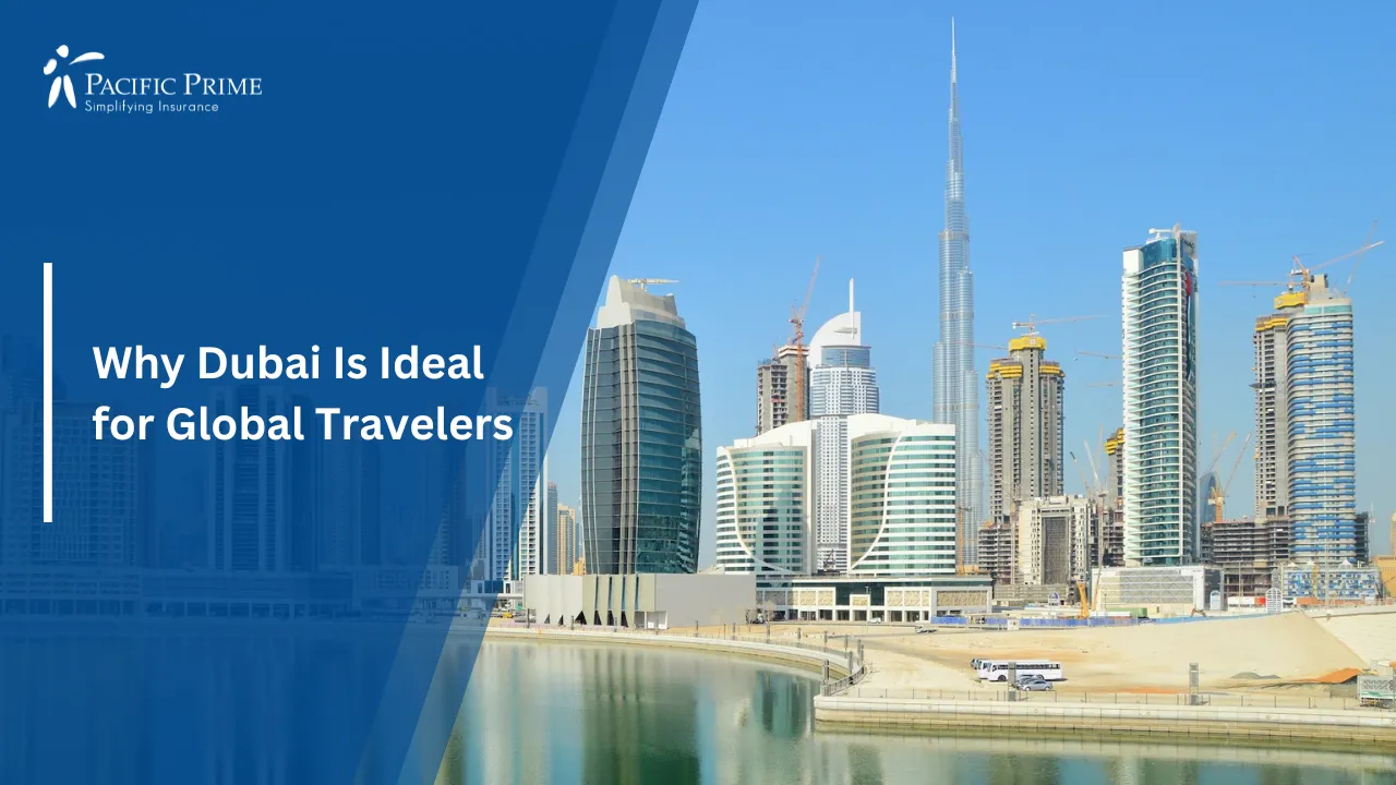 Image of Downtown Dubai Skyline With High-rises Overlooking Water During Daytime with text overlay of "Why Dubai Is Ideal for Global Travelers"