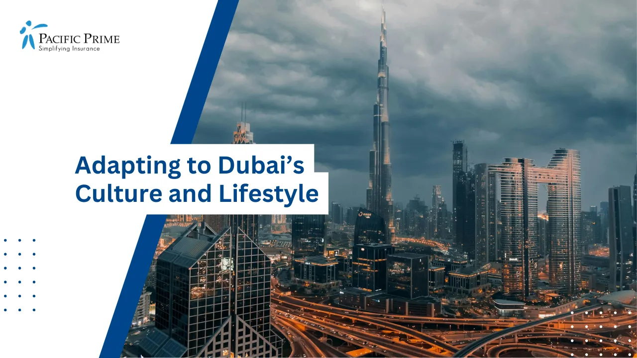 Image of Downtown Dubai Skyline With Modern High-rise Buildings with text overlay of "Adapting to Dubai’s Culture and Lifestyle"