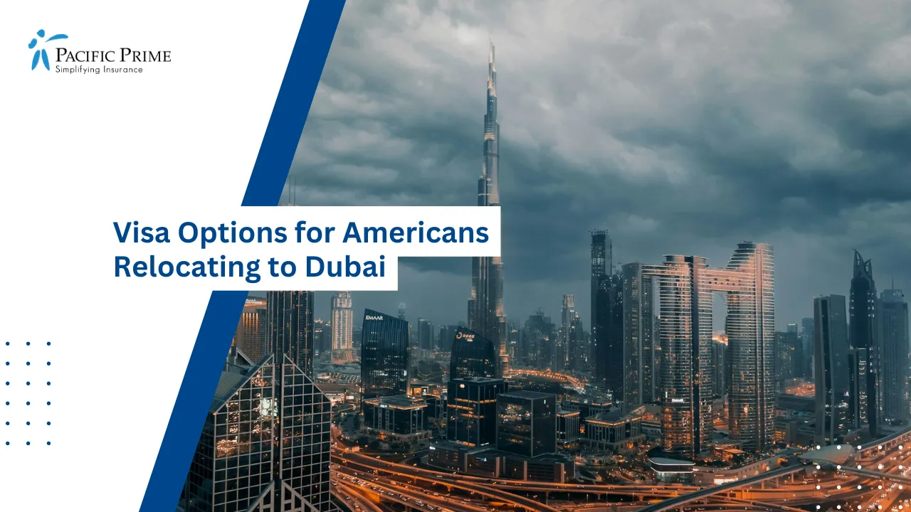 Image of Downtown Dubai Skyline With Modern High-rise Buildings with text overlay of "Visa Options for Americans Relocating to Dubai"