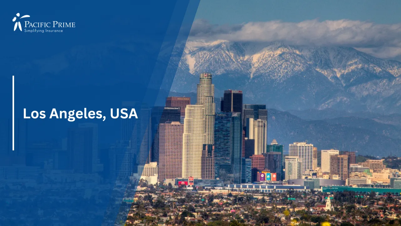 Image of Downtown Los Angeles Skyline With Mountains In The Background with text overlay of "Los Angeles, USA"