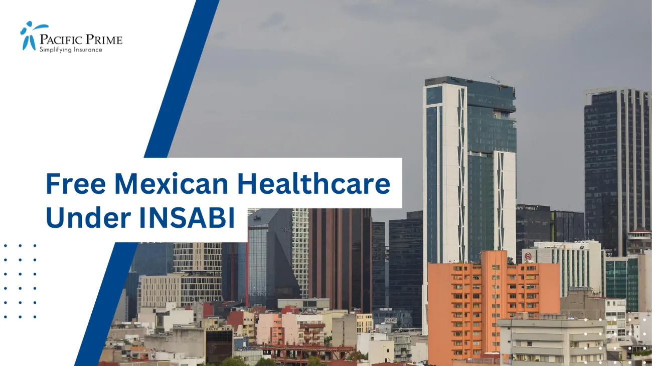 Image of Downtown Mexico City With Skyscrapers And High-Rise Buildings with text overlay of "Free Mexican Healthcare Under INSABI"
