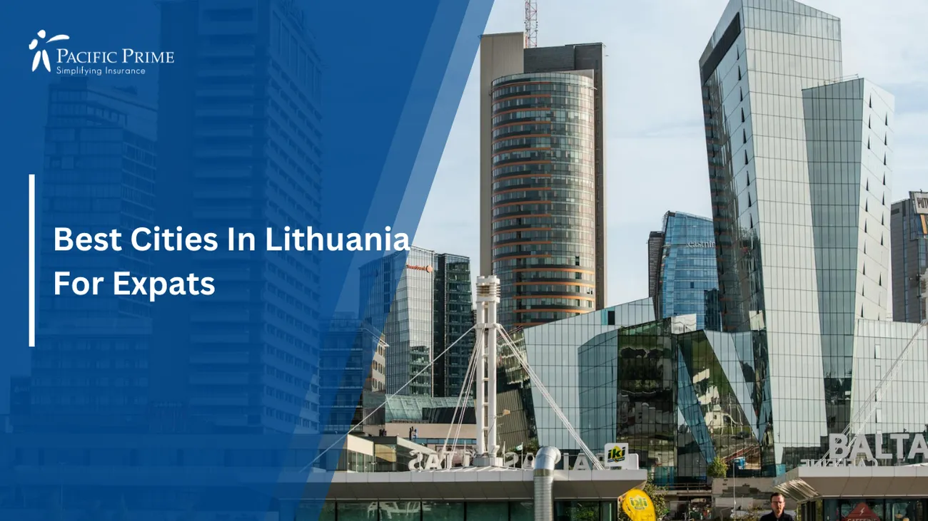 Image of Downtown Vilnius Cityscape In Vilnius County, Lithuania with text overlay of "Best Cities In Lithuania For Expats"