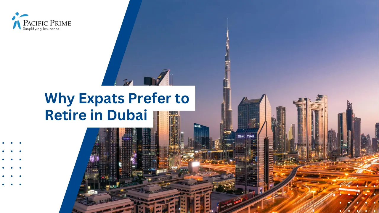 Image of Drone View Of Dubai City Skyline At Dawn with text overlay of "Why Expats Prefer to Retire in Dubai"