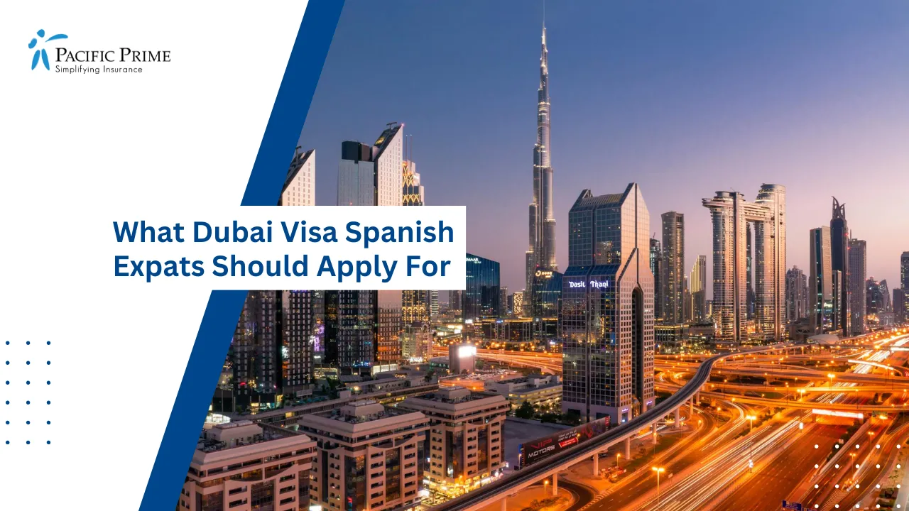 Image of Drone View Of Dubai Cityscape At Dawn with text overlay of "What Dubai Visa Spanish Expats Should Apply For"