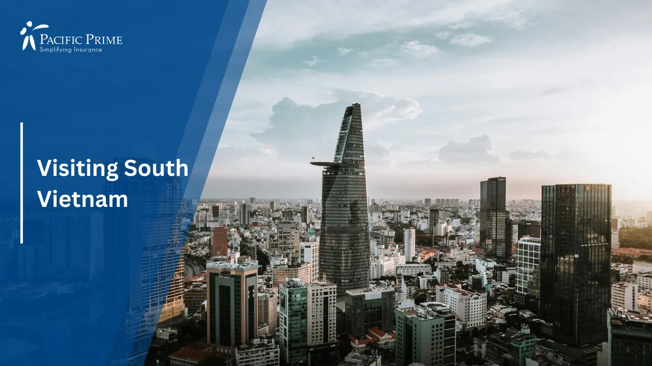 Image of Drone View Of Ho Chi Minh City Skyline And River During Daytime with text overlay of "Visiting South Vietnam"