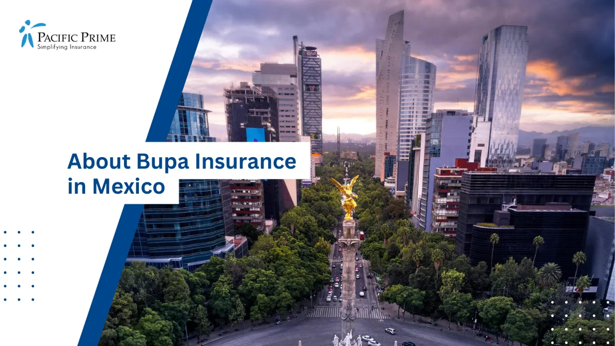 Image of Drone View Of Mexico City Roundabout Surrounded By Dense Urban Streets And Traffic Lanes with text overlay of "About Bupa Insurance in Mexico"