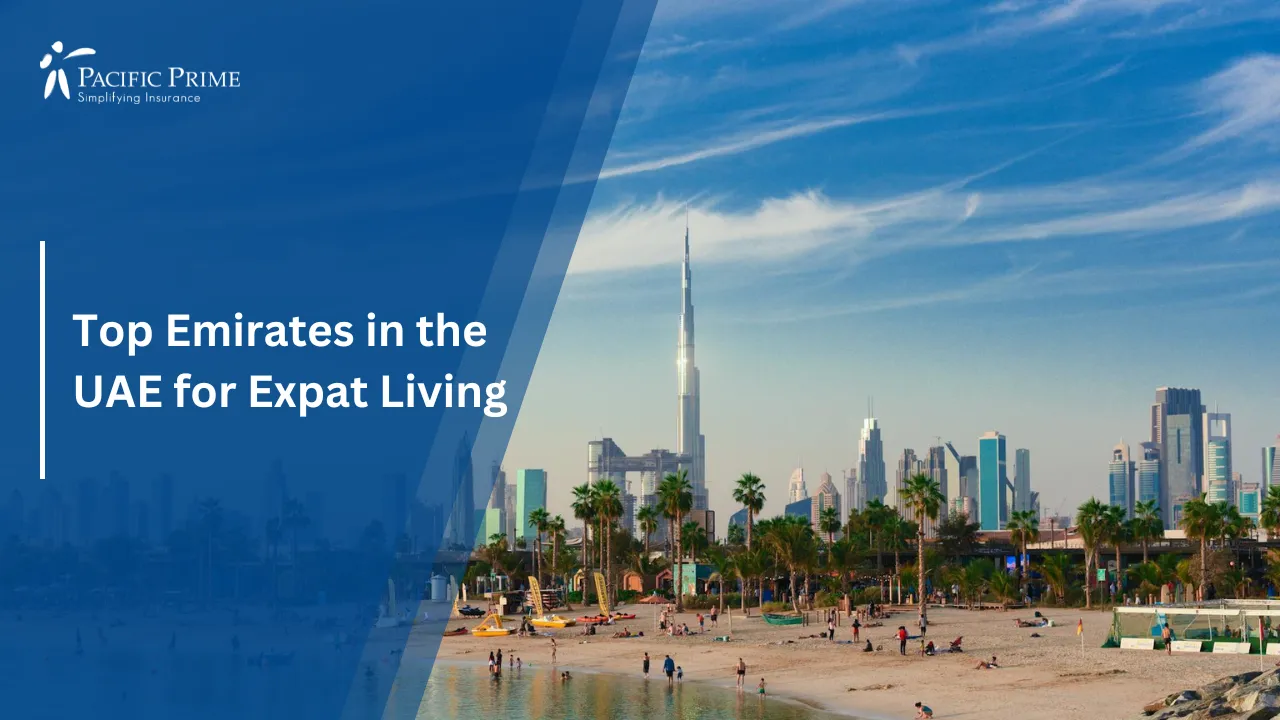 Image of Dubai Beach With Burj Khalifa And City Skyline In View with text overlay of "Top Emirates in the UAE for Expat Living"