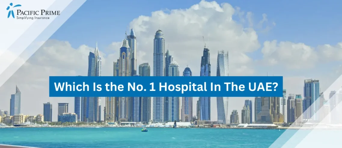 Image of Dubai City Skyline Near The Coastline Under Clear Sky with text overlay of "Which Is the No. 1 Hospital In The UAE?"