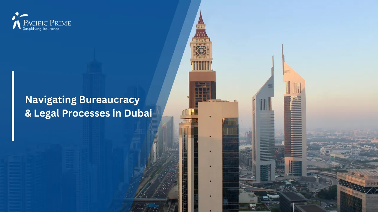 Image of Dubai City Skyline Under Clear Blue Sky At Golden Hour with text overlay of "Navigating Bureaucracy & Legal Processes in Dubai"