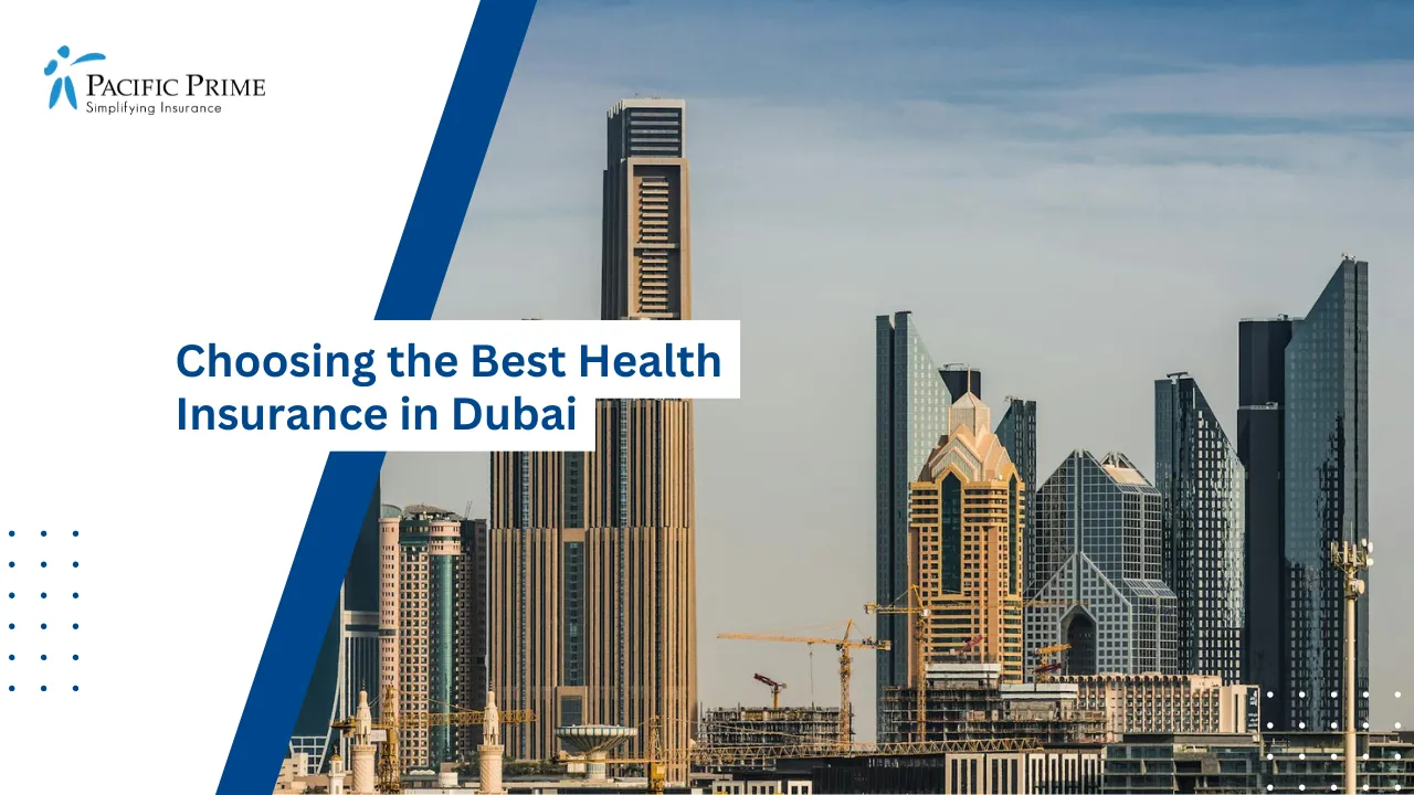 Image of Dubai City Skyline With Modern High-rises Under A Clear Sky with text overlay of "Choosing the Best Health Insurance in Dubai"