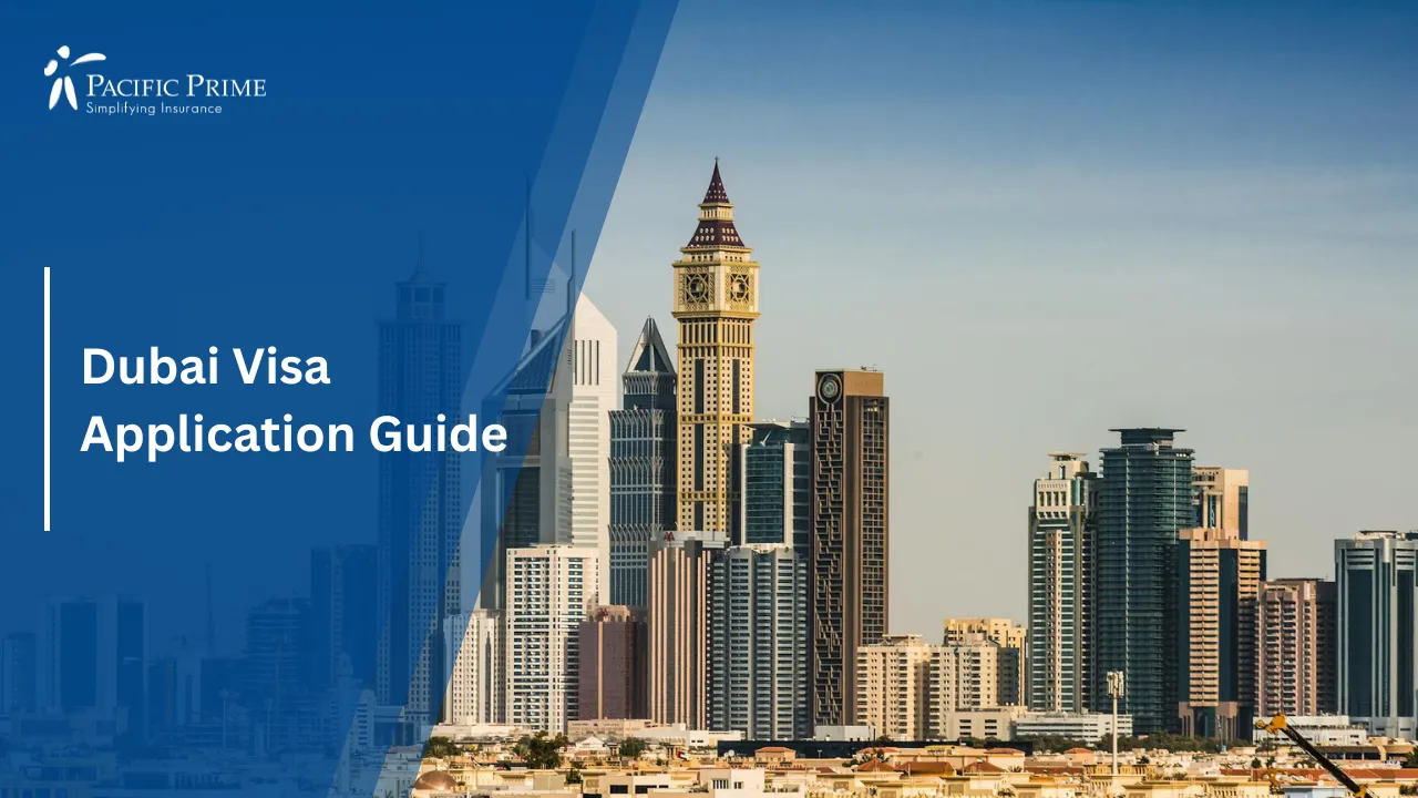 Image of Dubai City Skyline With Modern Skyscrapers Under Clear Daytime Sky with text overlay of "Dubai Visa Application Guide"
