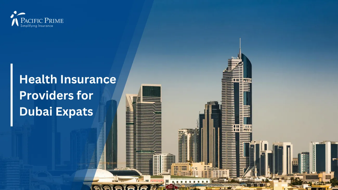 Image of Dubai Cityscape Featuring Modern Skyscrapers with text overlay of "Health Insurance Providers for Dubai Expats"