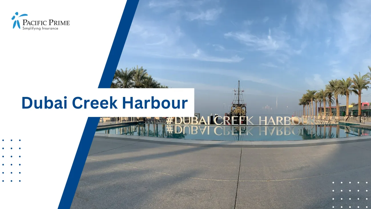 Image of Dubai Creek Harbour Sign Standing Against A Scenic Waterfront Backdrop with text overlay of "Dubai Creek Harbour"