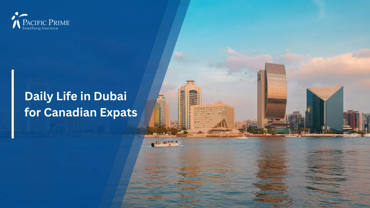 Image of Dubai Creek With Skyline Views At Sunset with text overlay of "Daily Life in Dubai for Canadian Expats"