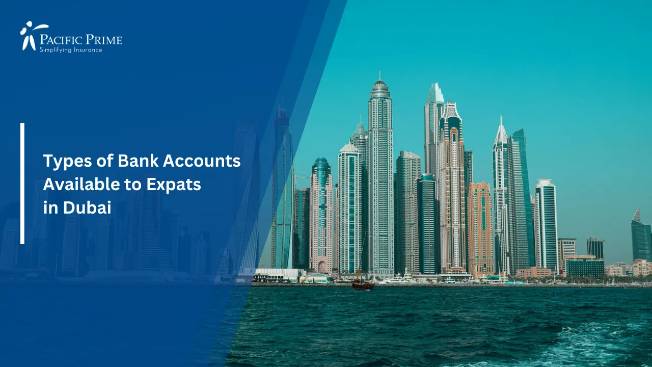 Image of Dubai Marina Skyline Overlooking The Waterfront During Daytime with text overlay of "Types of Bank Accounts Available to Expats in Dubai"