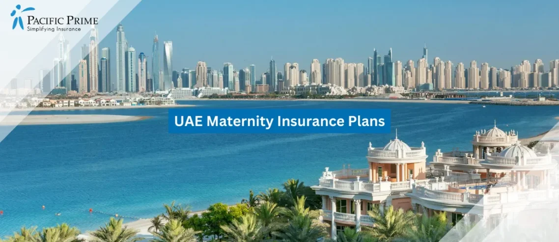 Image of Dubai Marina Skyline View With Palm Jumeirah Waterfront In The United Arab Emirates with text overlay of "UAE Maternity Insurance Plans"