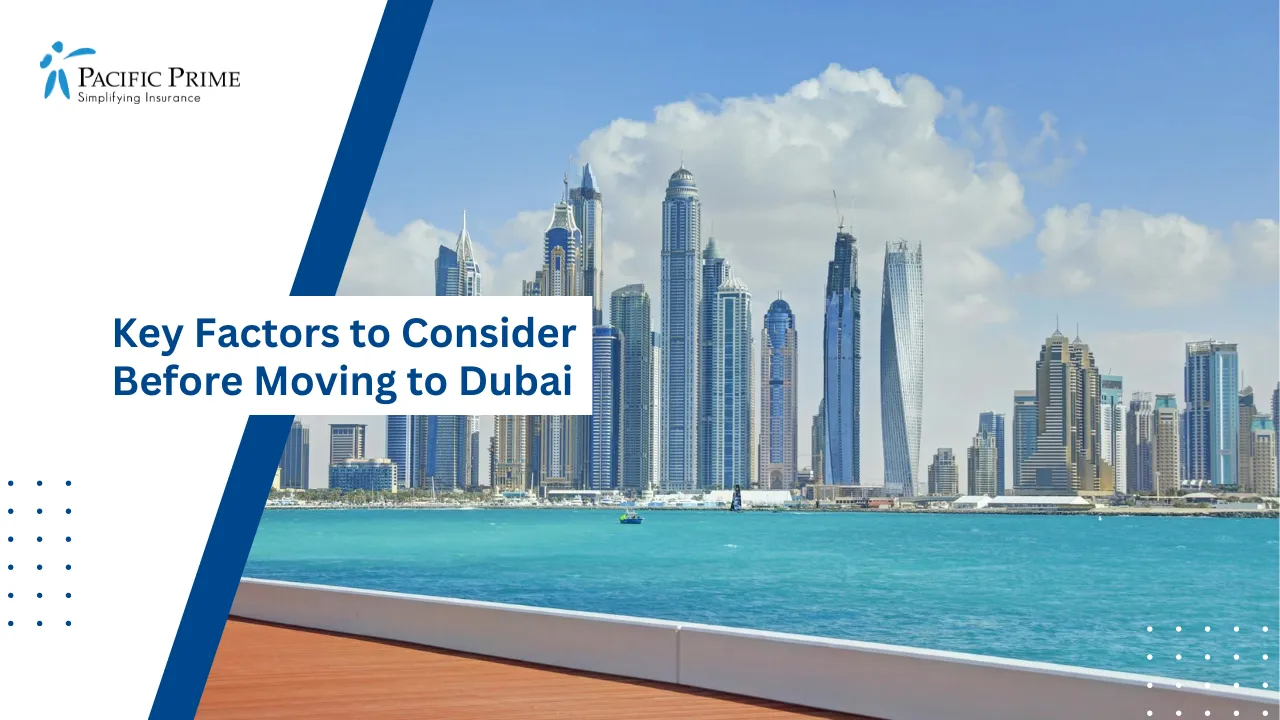 Image of Dubai Marina Skyline With Blue Waters And Iconic Skyscrapers Under Clear Sky with text overlay of "Key Factors to Consider Before Moving to Dubai"