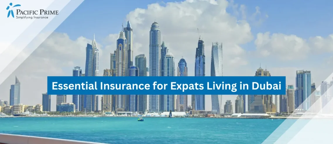 Image of Dubai Marina Skyline With Clear Blue Waters And Modern Skyscrapers with text overlay of "Essential Insurance for Expats Living in Dubai"