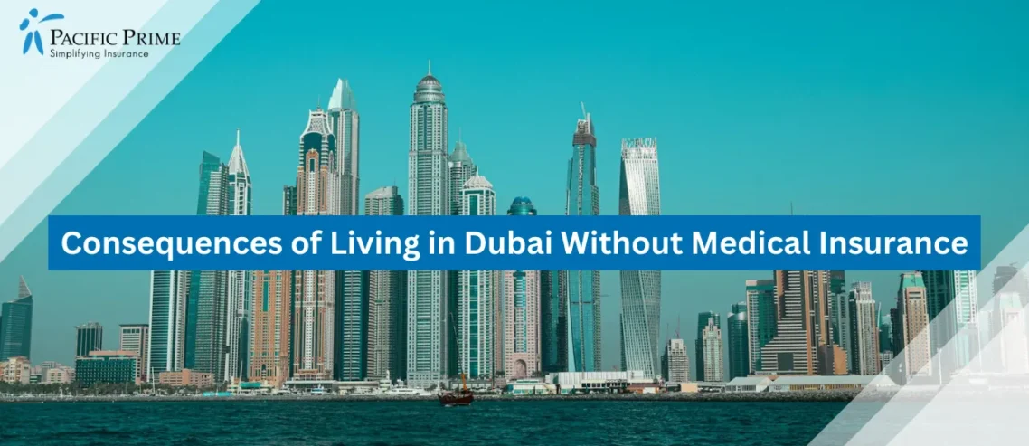 Image of Dubai Marina Skyline With High-rise Buildings By The Waterfront with text overlay of "Consequences of Living in Dubai Without Medical Insurance"
