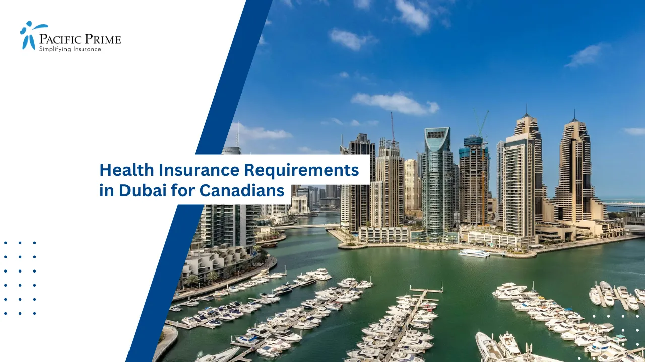 Image of Dubai Marina Skyline With High-rises By The Waterfront with text overlay of "Health Insurance Requirements in Dubai for Canadians"