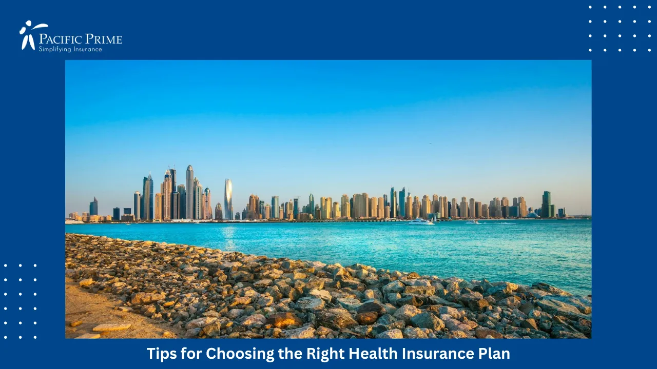 Image of Dubai Marina Skyline With Large Body Of Water In The Foreground with text overlay of "Tips for Choosing the Right Health Insurance Plan"