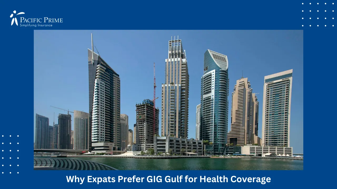 Image of Dubai Marina Skyline With Skyscrapers Reflecting On The Waterfront with text overlay of "Why Expats Prefer GIG Gulf for Health Coverage"