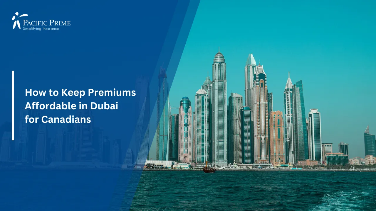Image of Dubai Marina Skyline With Waterfront View In Daylight with text overlay of "How to Keep Premiums Affordable in Dubai for Canadians"