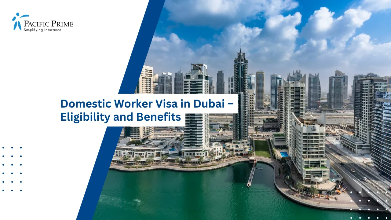 Image of Dubai Marina Waterfront Surrounded By Modern High-rise Buildings with text overlay of "Domestic Worker Visa in Dubai – Eligibility and Benefits"