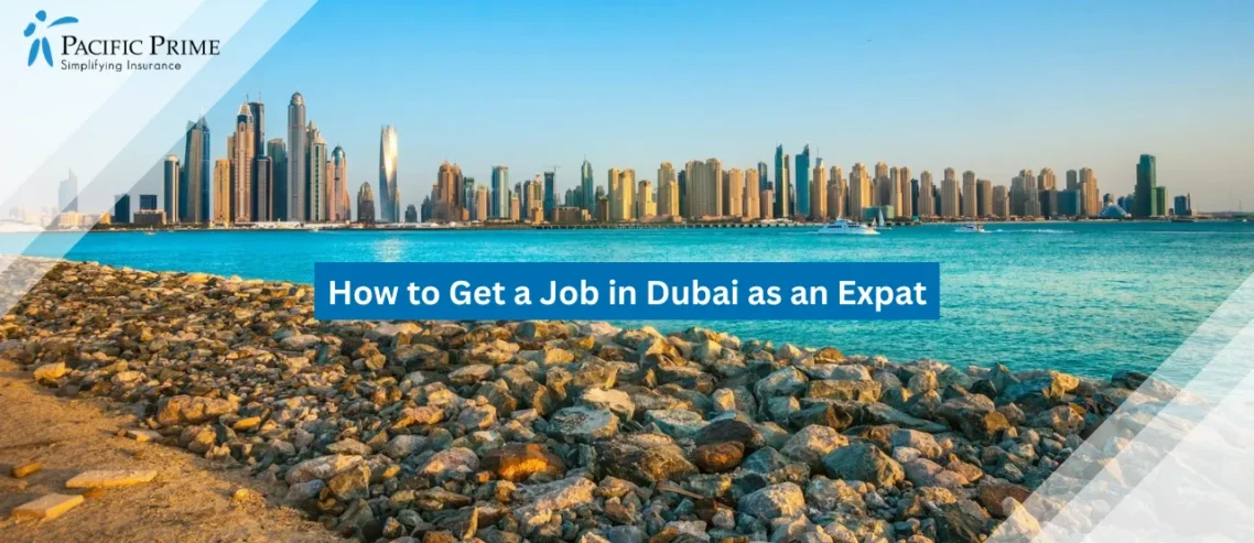 Image of Dubai Marina Waterfront With City Skyline In The Background with text overlay of "How to Get a Job in Dubai as an Expat"