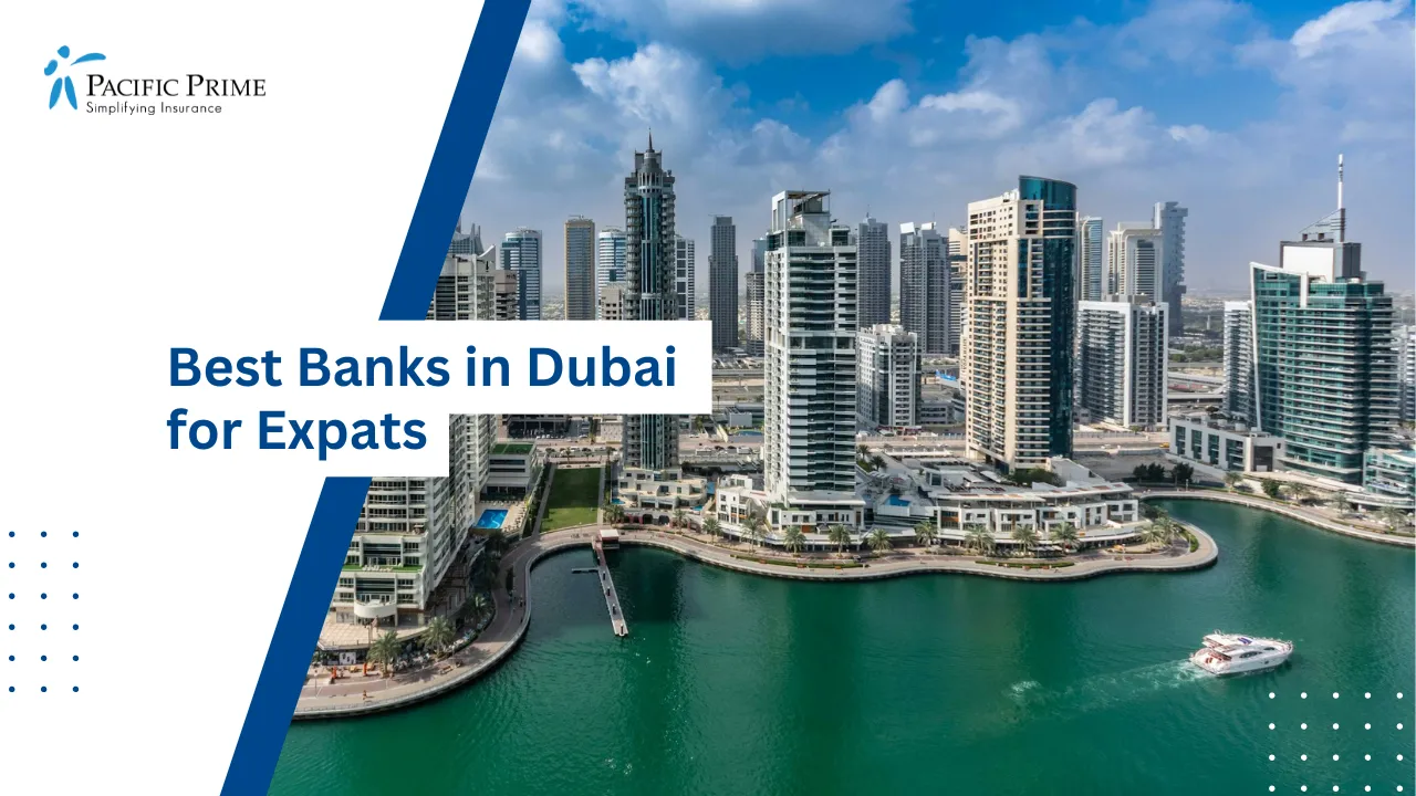 Image of Dubai Marina Waterfront With High-rise Buildings Under Clear Sky with text overlay of "Best Banks in Dubai for Expats"