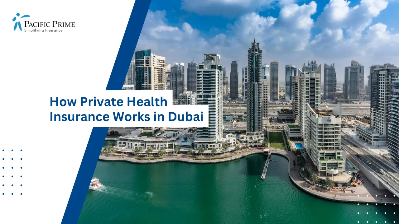 Image of Dubai Marina Waterfront With High-rise Buildings with text overlay of "Is Healthcare Free for Expats in Dubai?"