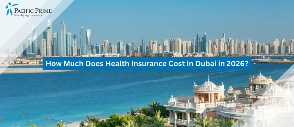 Image of Dubai Marina Waterfront With High-rise Towers And Palm Jumeirah Backdrop with text overlay of "How Much Does Health Insurance Cost in Dubai in 2026?"