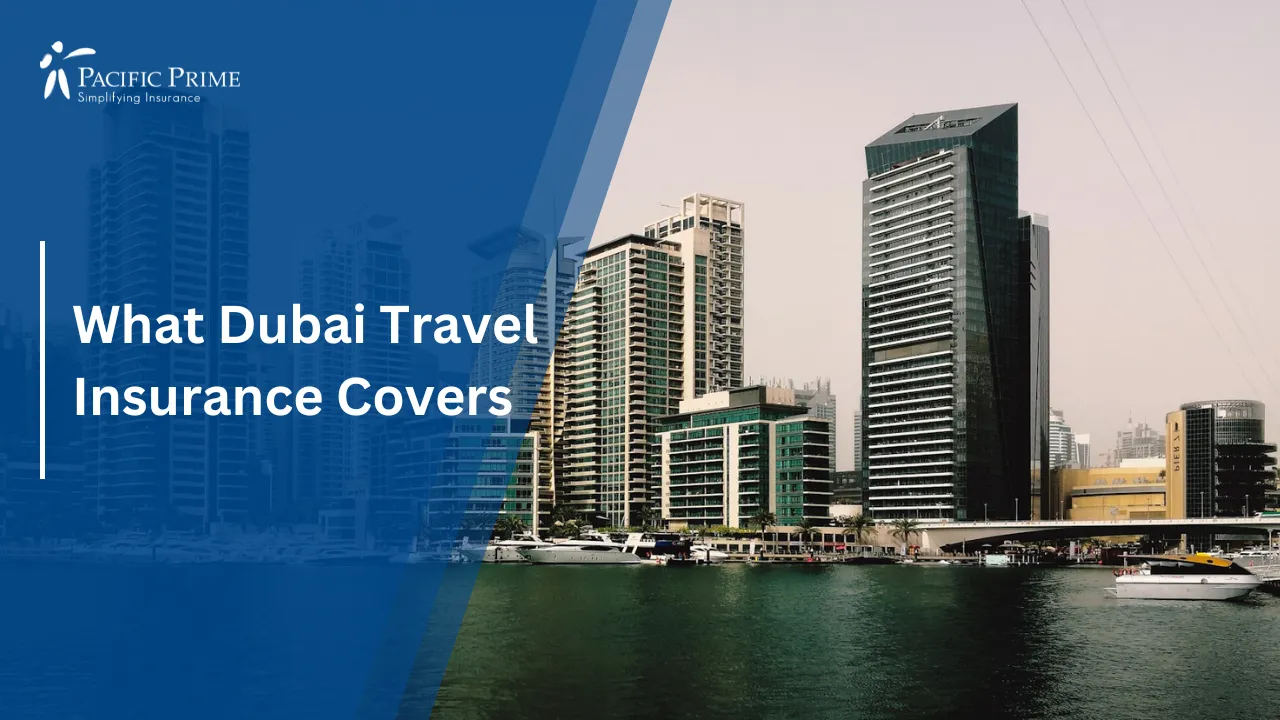 Image of Dubai Skyline By The Water During Daytime with text overlay of "What Dubai Travel Insurance Covers"