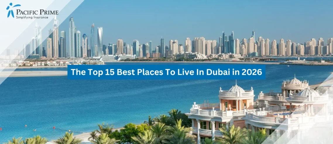 Image of Dubai Skyline Rising Beyond Palm Jumeirah’s Luxury Beachfront Homes with text overlay of "The Top 15 Best Places To Live In Dubai in 2026"