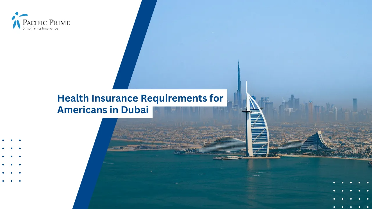 Image of Dubai Skyline With Burj Khalifa And Burj Al Arab with text overlay of "Health Insurance Requirements for Americans in Dubai"