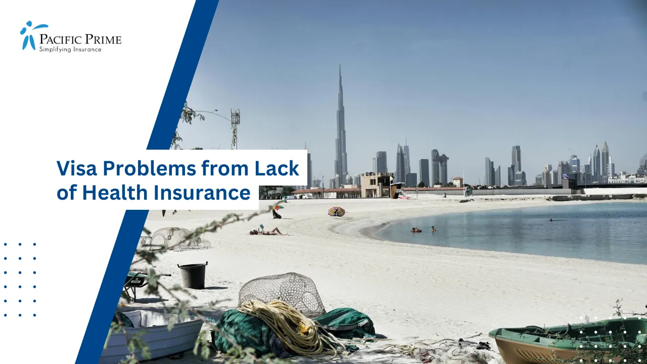 Image of Dubai Skyline With Burj Khalifa Viewed From A Calm Beach Setting with text overlay of "Visa Problems from Lack of Health Insurance"