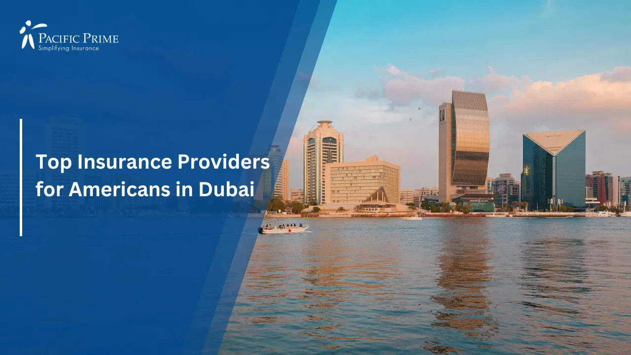 Image of Dubai Skyline With Creek At Sunset with text overlay of "Top Insurance Providers for Americans in Dubai"