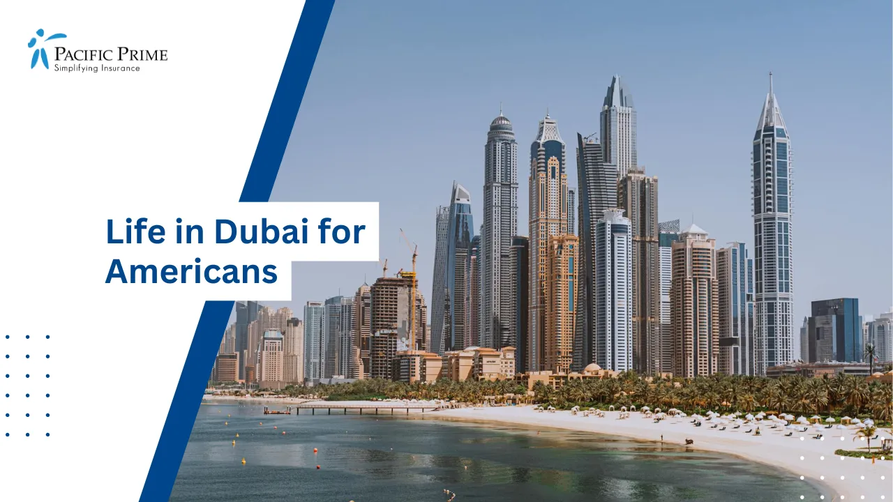 Image of Dubai Skyline With High-rise Towers By The Water with text overlay of "Life in Dubai for Americans"