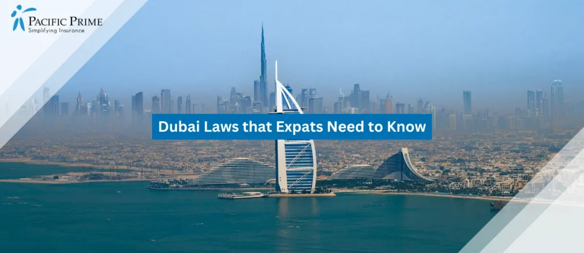 Image of Dubai Skyline With Iconic Burj Khalifa And Sail-shaped Burj Al Arab with text overlay of "Dubai Laws that Expats Need to Know"
