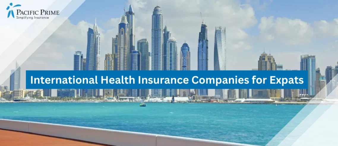 Image of Dubai Skyline With Modern Skyscrapers with text overlay of "International Health Insurance Companies for Expats"
