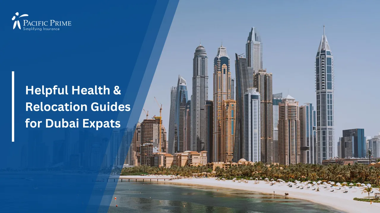 Image of Dubai Skyline With Modern Skyscrapers Under A Clear Blue Sky with text overlay of "Helpful Health & Relocation Guides for Dubai Expats"