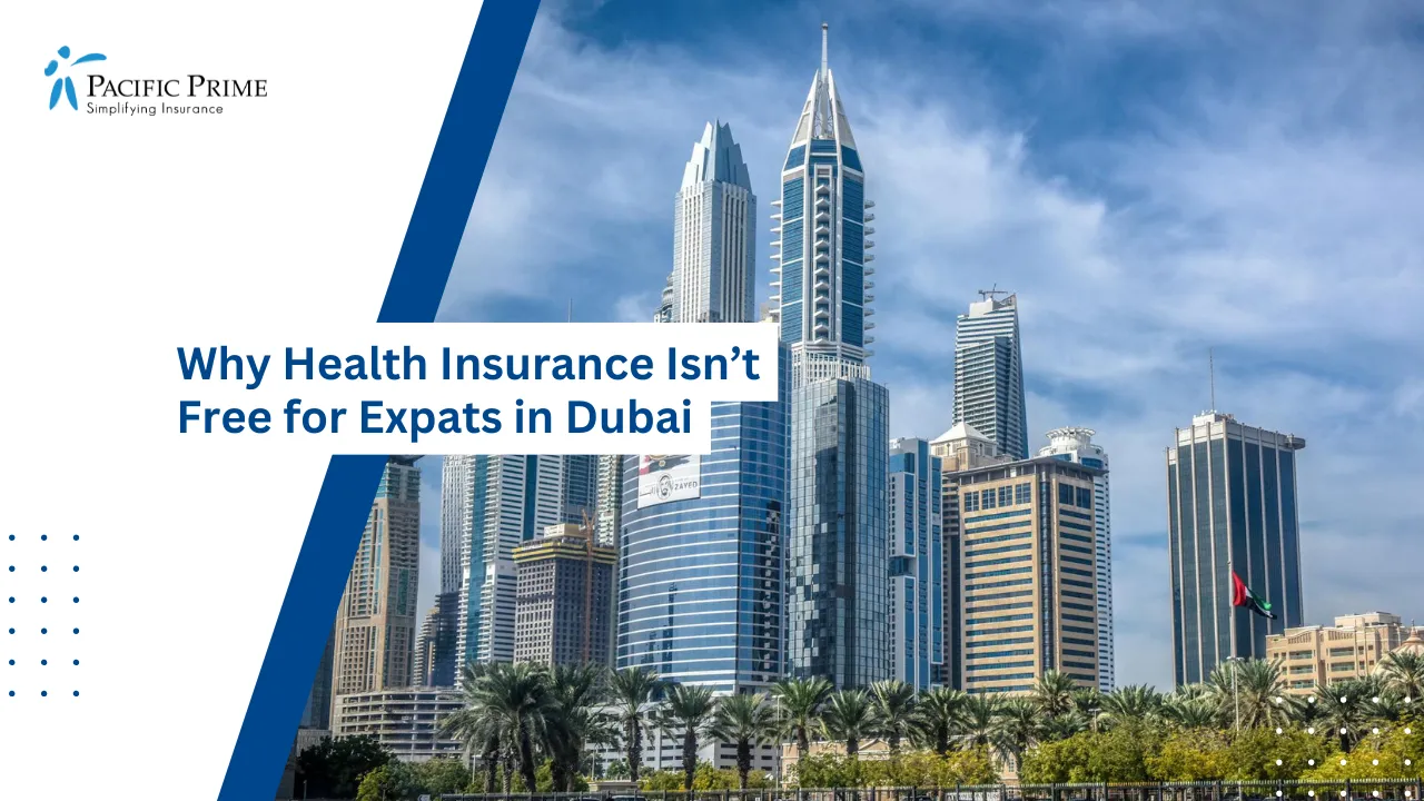 Image of Dubai Skyline With Modern Skyscrapers Under A Clear Blue Sky with text overlay of "Why Health Insurance Isn’t Free for Expats in Dubai"