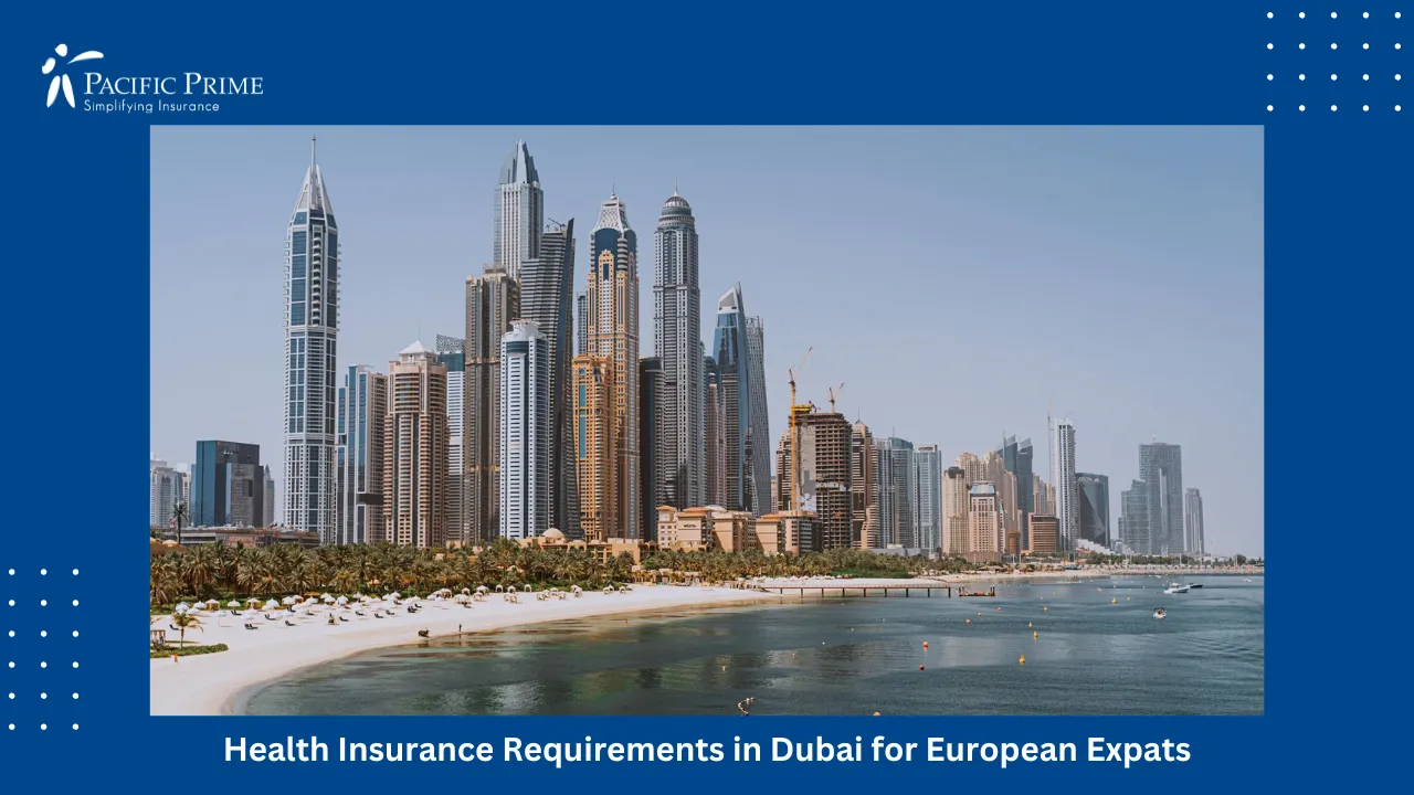 Image of Dubai Skyline With Skyscrapers Beside Waterfront with text overlay of "Health Insurance Requirements in Dubai for European Expats"
