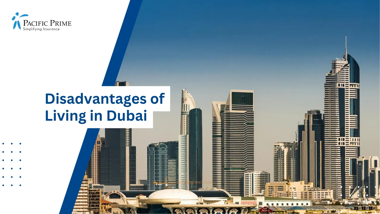 Image of Dubai Skyline With Towering Skyscrapers with text overlay of "Disadvantages of Living in Dubai"