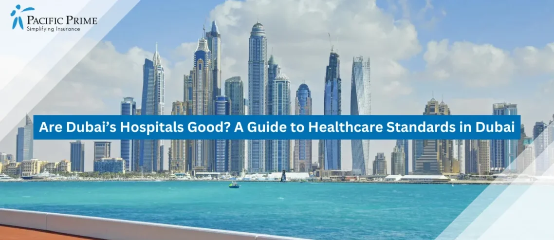 Image of Dubai Skyline With Waterfront View with text overlay of "Are Dubai’s Hospitals Good? A Guide to Healthcare Standards in Dubai"
