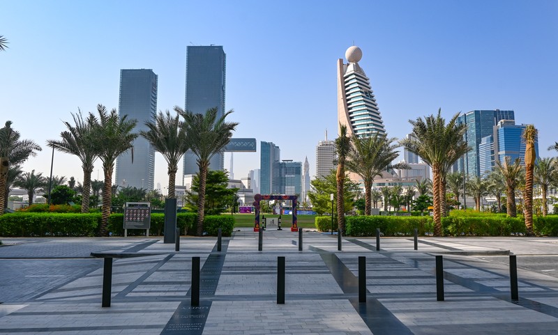 Dubai Walkway With Palm Trees And Buildings, UAE